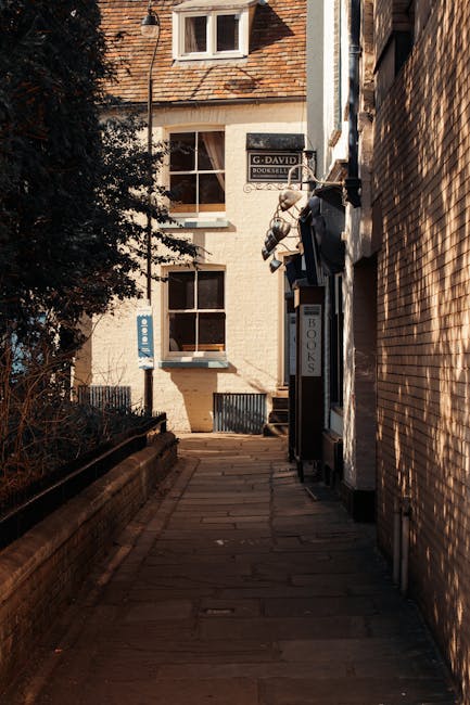 An outdoor narrow alleyway adjacent to a residential building with brick and cream-colored walls, featuring a small, paved pathway lined by a low black metal fence on the left and the building's exterior on the right. The building has two double-glazed sash windows with white frames, one on the ground floor and one on the first floor. A sign reading 'G. David Books' is mounted on the building's wall, with a black awning extending over the entrance below. A street lamp is attached to the wall above, and there are shadows cast by nearby trees and buildings, indicating daylight. Two benches are positioned along the pathway near the windows. The scene depicts a typical residential street environment suitable for house removals or packing and moving logistics, with a focus on accessibility for loading or unloading furniture or boxes during a home relocation undertaken by Eltham Man and Van.